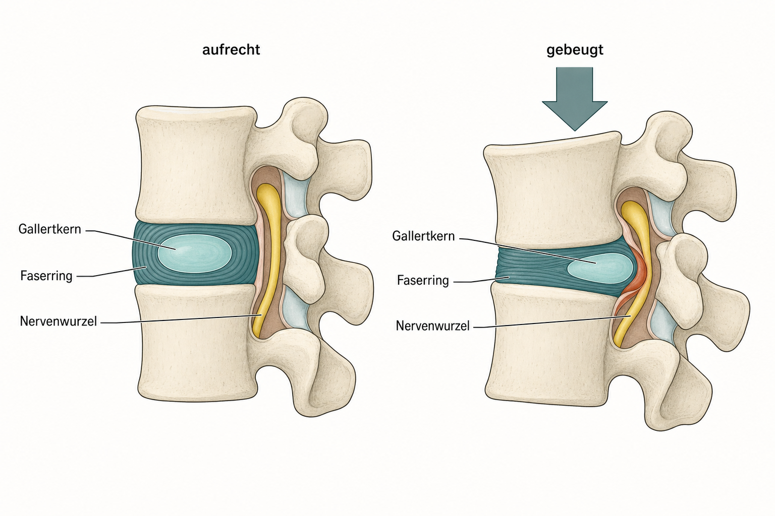 Lehrbuchschema zweier Lendenwirbel im Seitenschnitt, links aufrecht mit mittigem Gallertkern, rechts vorgebeugt unter Last mit nach hinten gedrängtem Gallertkern, der die Nervenwurzel berührt
