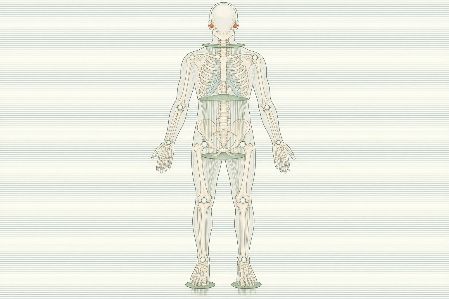 Wissenschaftliche Grafikfigur von vorn mit durchscheinendem Skelett und vier waagerechten Böden von Mundboden über Zwerchfell und Beckenboden bis zu den Fußgewölben, die Kiefergelenke terrakottafarben markiert