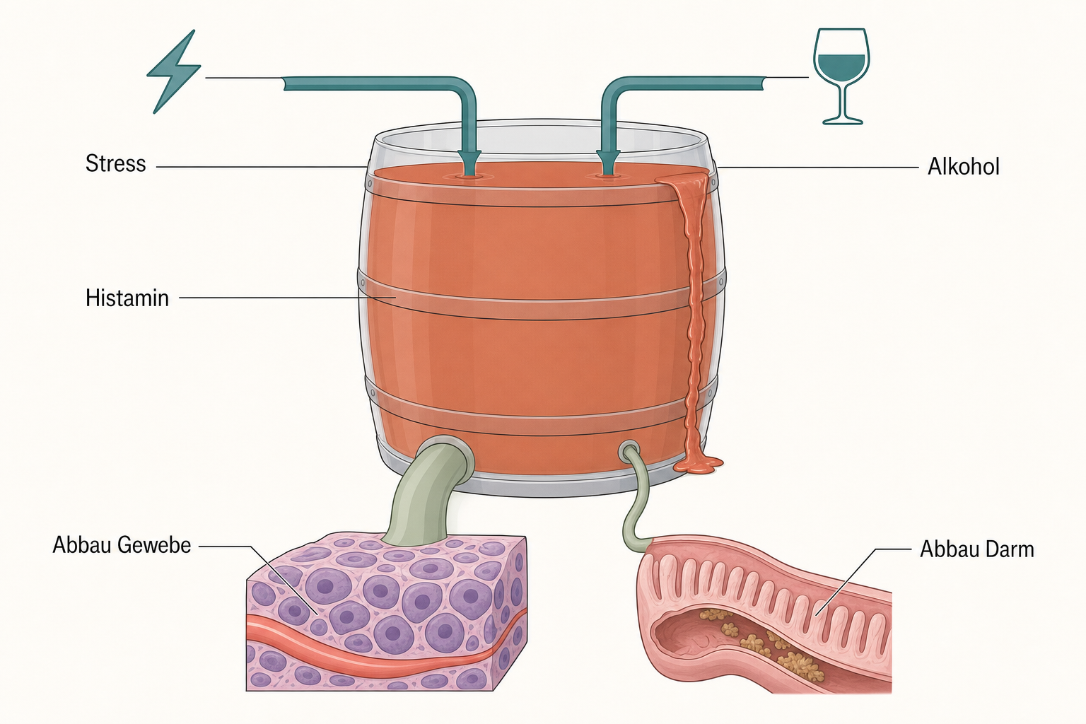 Schema eines überlaufenden Fasses mit zwei Zuläufen für Stress und Alkohol und zwei Abflussrohren, die in ein Gewebestück und in eine Darmschlinge führen