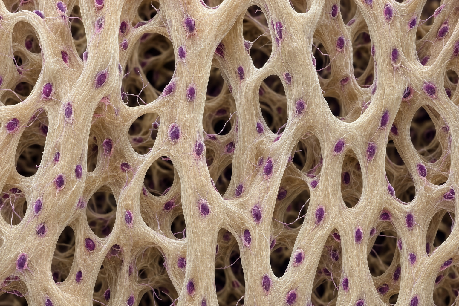 Nahaufnahme eines dichten Netzes aus Knochenbälkchen mit eingebetteten Knochenzellen, die Bälkchen entlang der Belastungsrichtung ausgerichtet