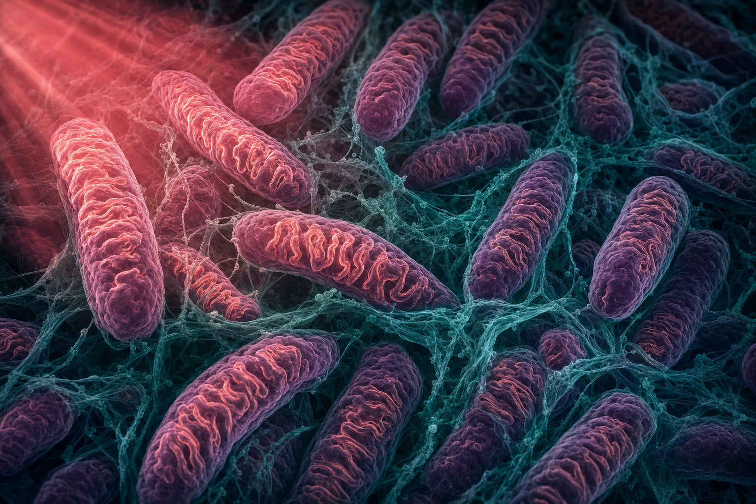 Mikroskopische Visualisierung zahlreicher Mitochondrien in einer Zelle, ein rotes Lichtbündel fällt von links oben ein und die getroffenen Mitochondrien schimmern heller mit terrakottafarbener Innenmembran