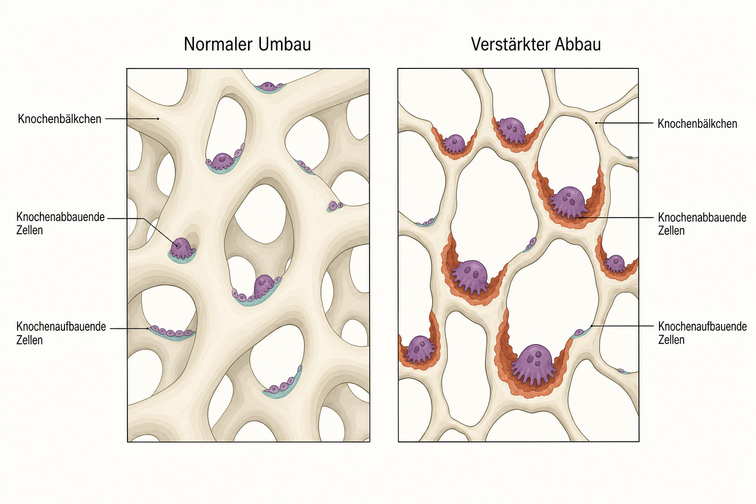 Zwei Gewebeschnitte durch schwammartigen Knochen: links kräftige Bälkchen, rechts ausgedünnte Bälkchen mit tiefen Abbaugruben und vermehrten knochenabbauenden Zellen