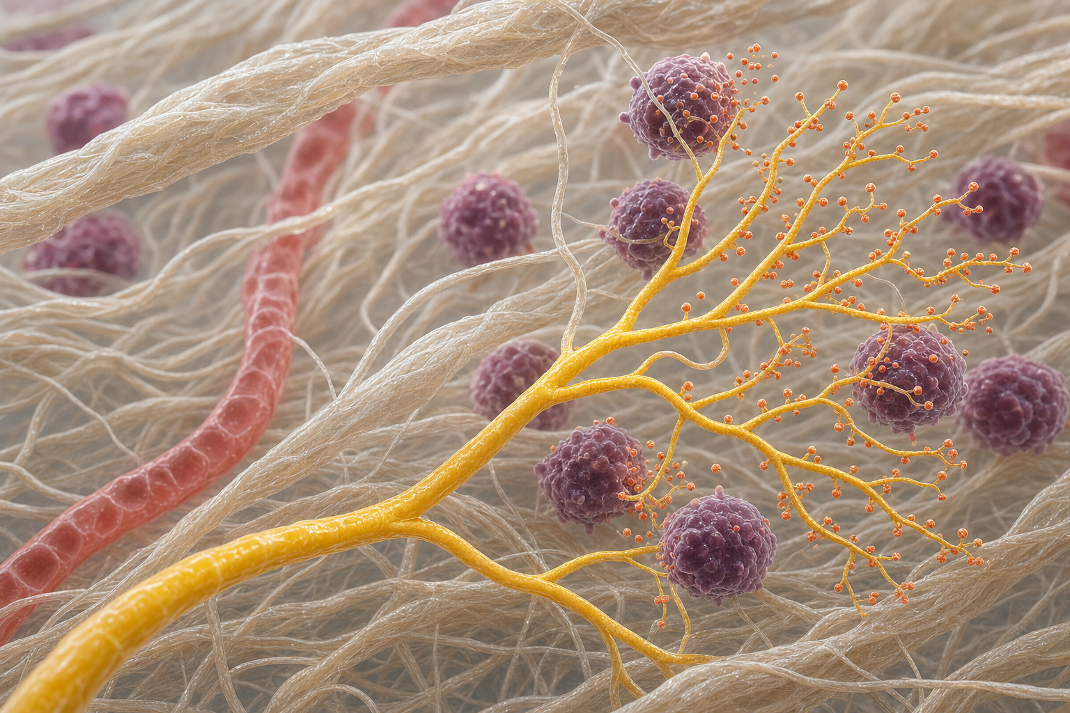 3D-Nahaufnahme einer verzweigten gelben Nervenendigung im Bindegewebe, an die violette Immunzellen terrakottafarbene Botenstoffe abgeben