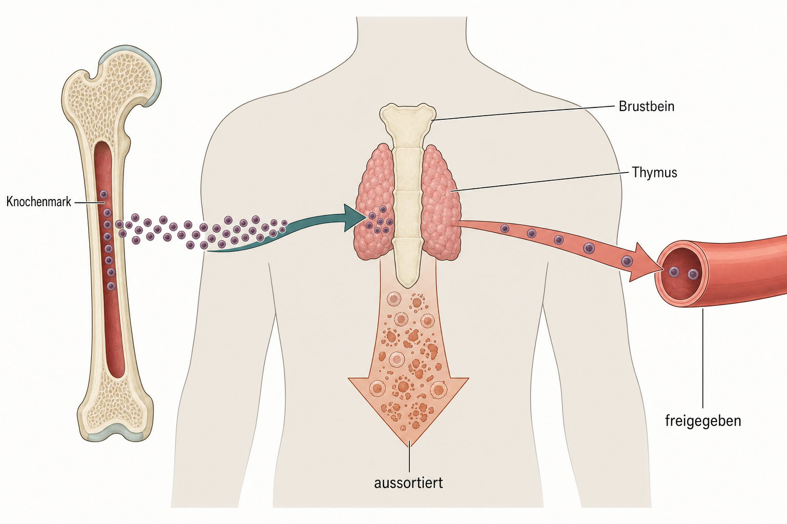 Schema: Aus dem Knochenmark wandern junge T-Zellen in den Thymus hinter dem Brustbein, ein breiter Pfeil führt die meisten aussortierten Zellen ab, ein schmaler Pfeil lässt wenige freigegebene Zellen in die Blutbahn