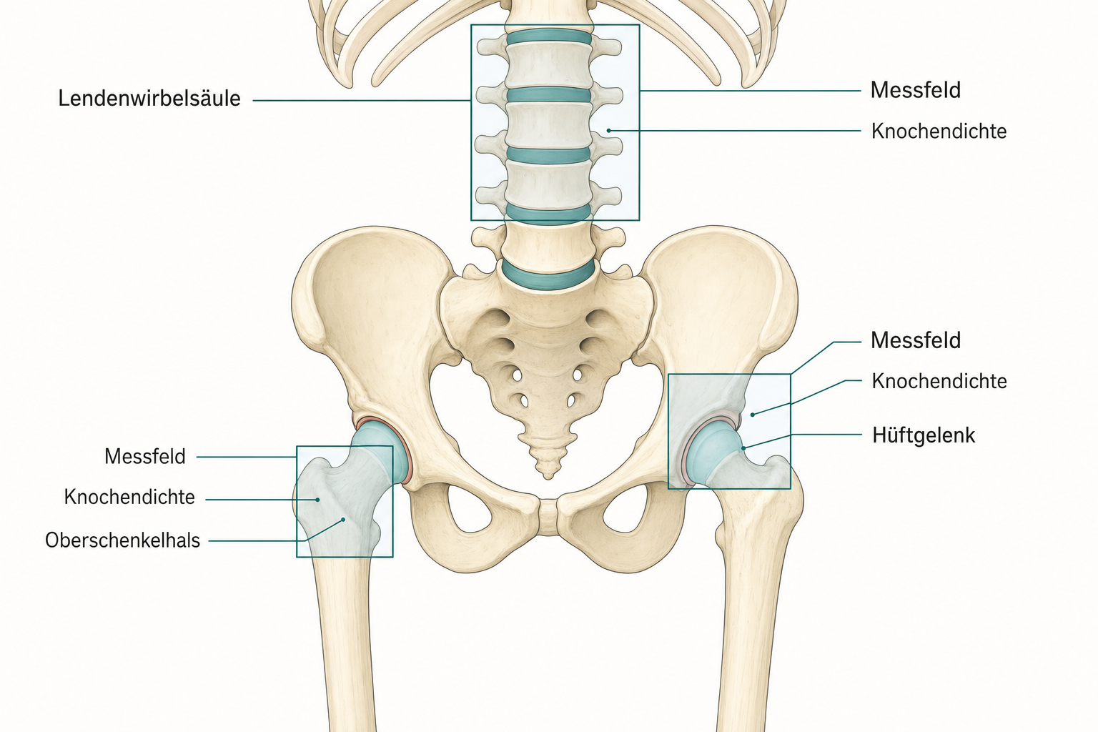 Schema eines Beckens mit Lendenwirbelsäule und Hüftgelenken von vorn, die Messfelder der Knochendichtemessung als Rahmen über den Lendenwirbeln und dem Oberschenkelhals