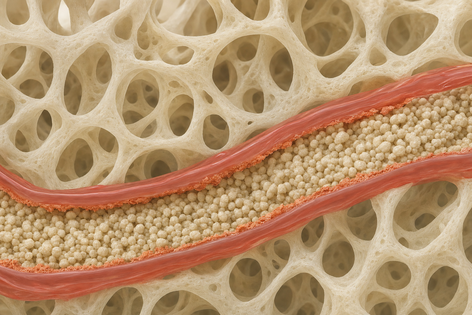 Innenansicht eines Knochens mit dünnen Bälkchen und einem Blutgefäß, in dem sich Calcium staut und an der Gefäßwand als terrakottafarbene Kruste ablagert