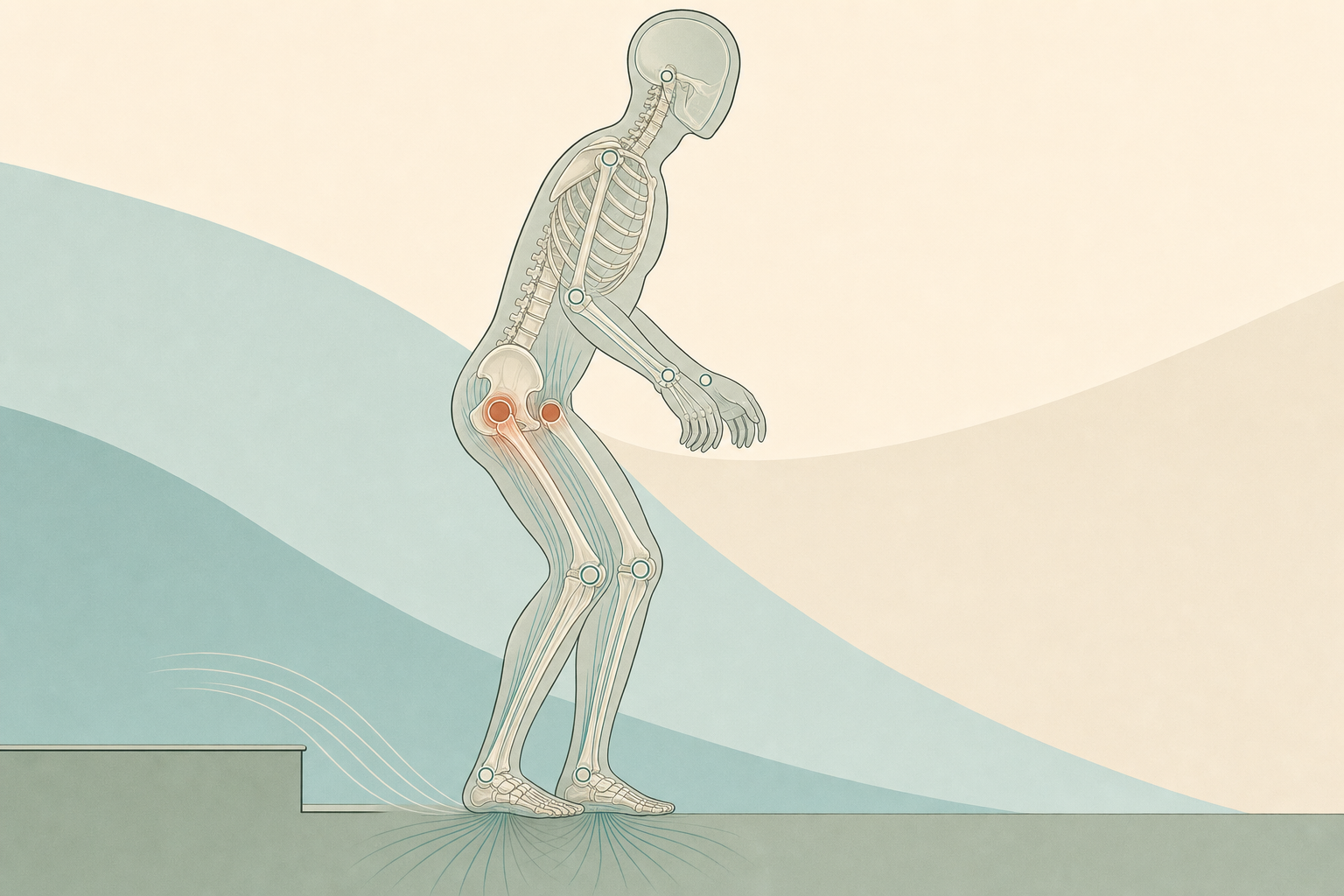 Wissenschaftliche Grafikfigur landet mit beiden Füßen von einer flachen Stufe, durch die Silhouette laufen Kraftlinien von den Füßen bis ins Becken, die Hüftgelenke sind terrakottafarben markiert