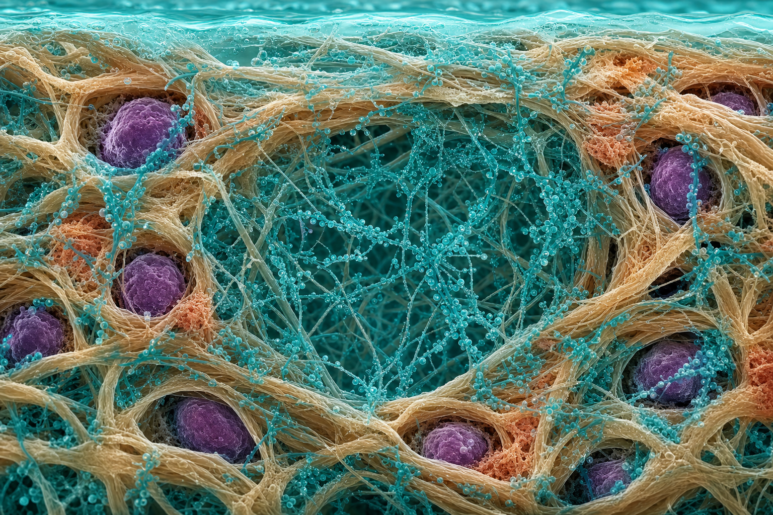 Mikroskopische Visualisierung der Knorpelgrundsubstanz mit Kollagenfasern, verzweigten Hyaluronsäureketten voller Wassertröpfchen und einzelnen Knorpelzellen