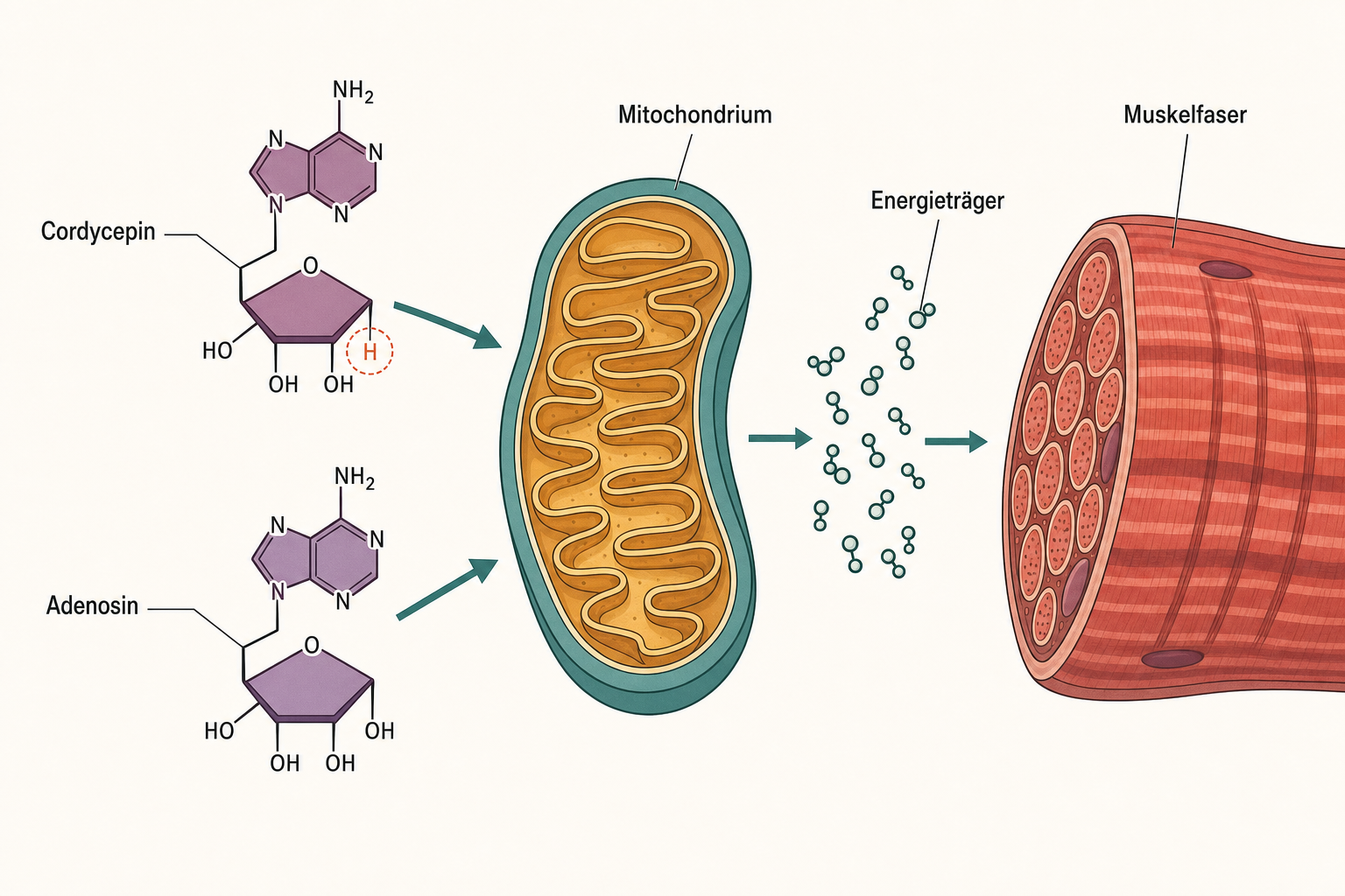 Schema in drei Stufen: das Molekül Cordycepin neben dem ähnlich gebauten Adenosin, ein Mitochondrium im Längsschnitt und eine Muskelfaser, verbunden durch Pfeile und einen Strom von Energieträger-Symbolen