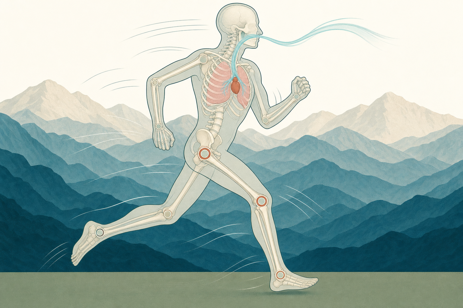 Wissenschaftliche Grafikfigur im Laufschritt mit durchscheinendem Skelett, angedeuteter Lunge und terrakottafarben markiertem Herz vor gestaffelten Bergkämmen