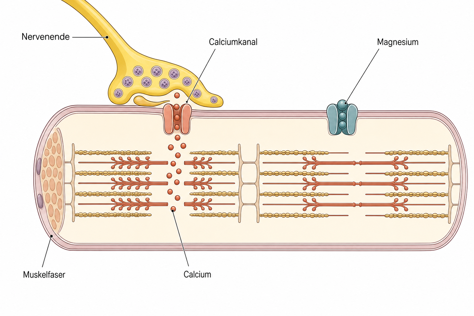Schema einer Muskelfaser mit Nervenende und zwei Calciumkanälen, links strömt Calcium ein und die Faser zieht sich zusammen, rechts blockiert Magnesium den Kanal und die Faser bleibt locker