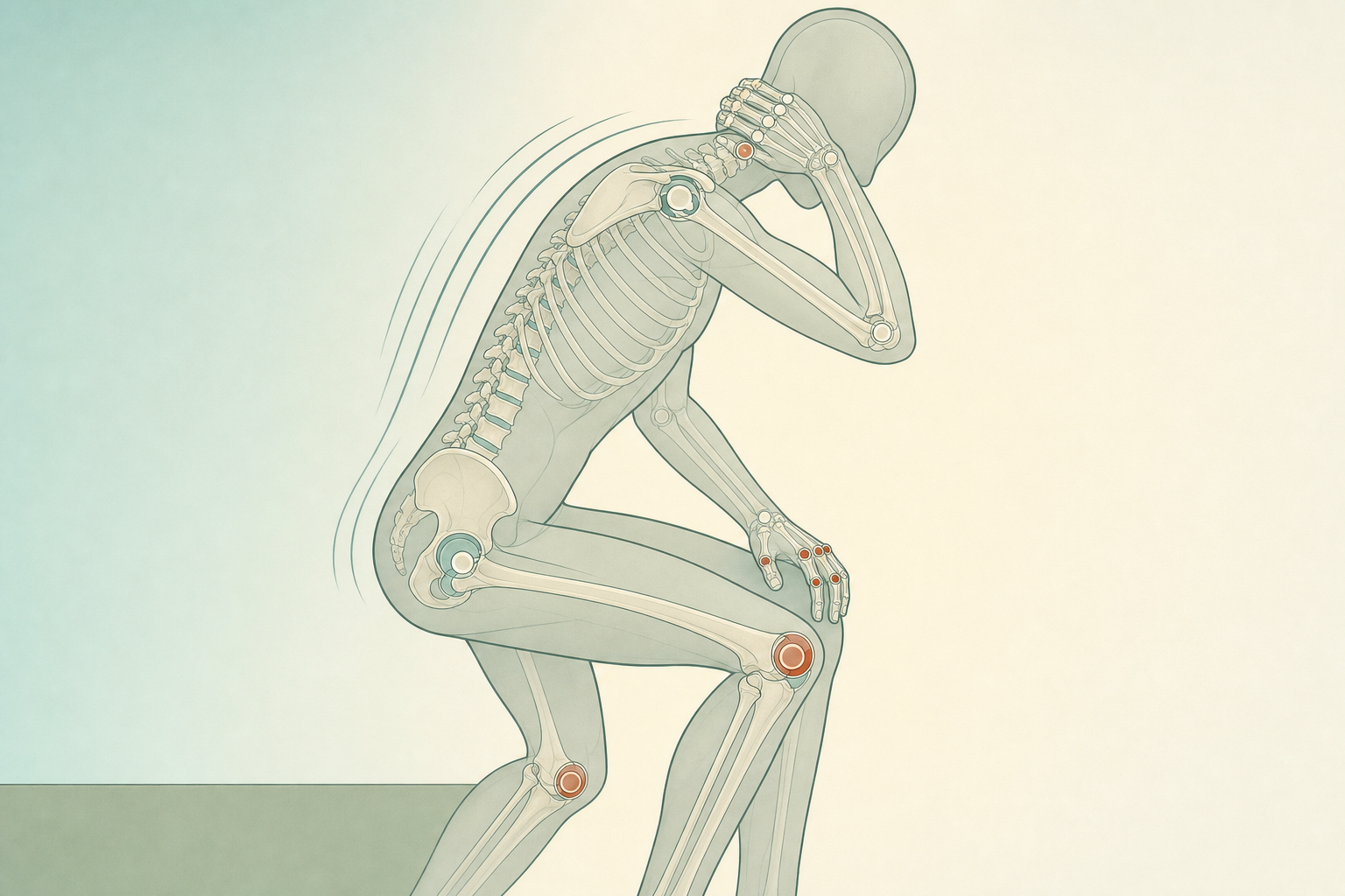 Wissenschaftliche Grafikfigur richtet sich morgens langsam aus dem Sitzen auf, das Skelett scheint durch, Knie- und Fingergelenke sind terrakottafarben markiert