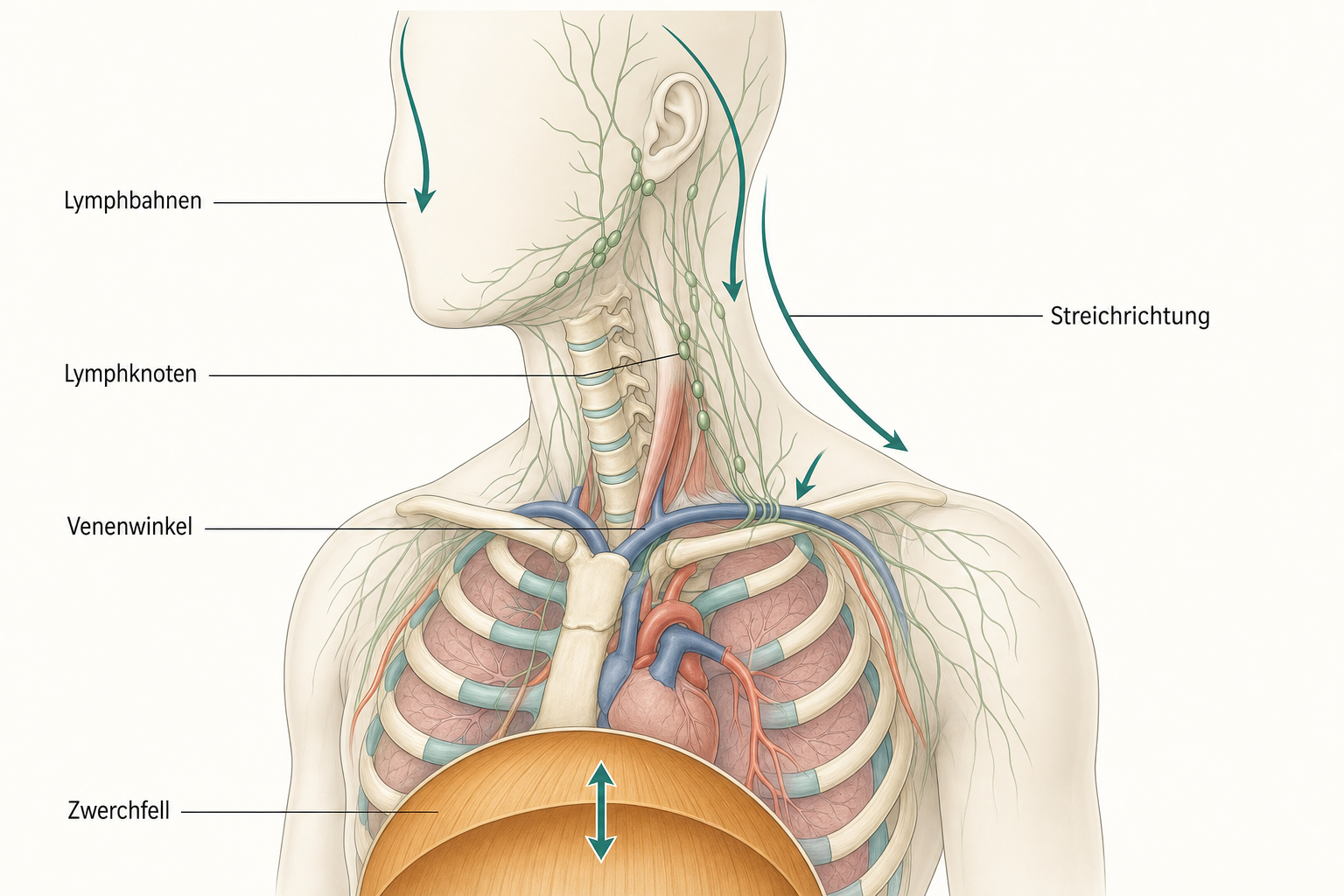 Schema von Kopf, Hals und Brustkorb mit Lymphbahnen, Lymphknoten und Venenwinkel oberhalb des Schlüsselbeins, drei Pfeile zeigen die Streichrichtung nach unten, unten das Zwerchfell