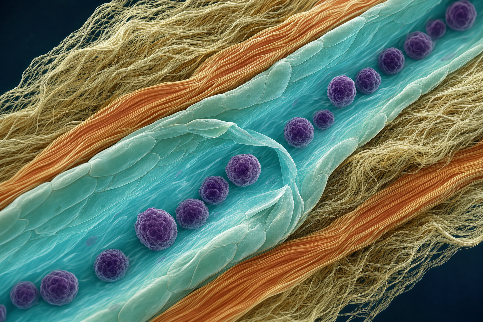 Mikroskopische Visualisierung eines Lymphgefäßes im Längsschnitt mit offener Klappe, Lymphozyten in aquamarinfarbener Lymphe und umgebenden Kollagen- und Muskelfasern