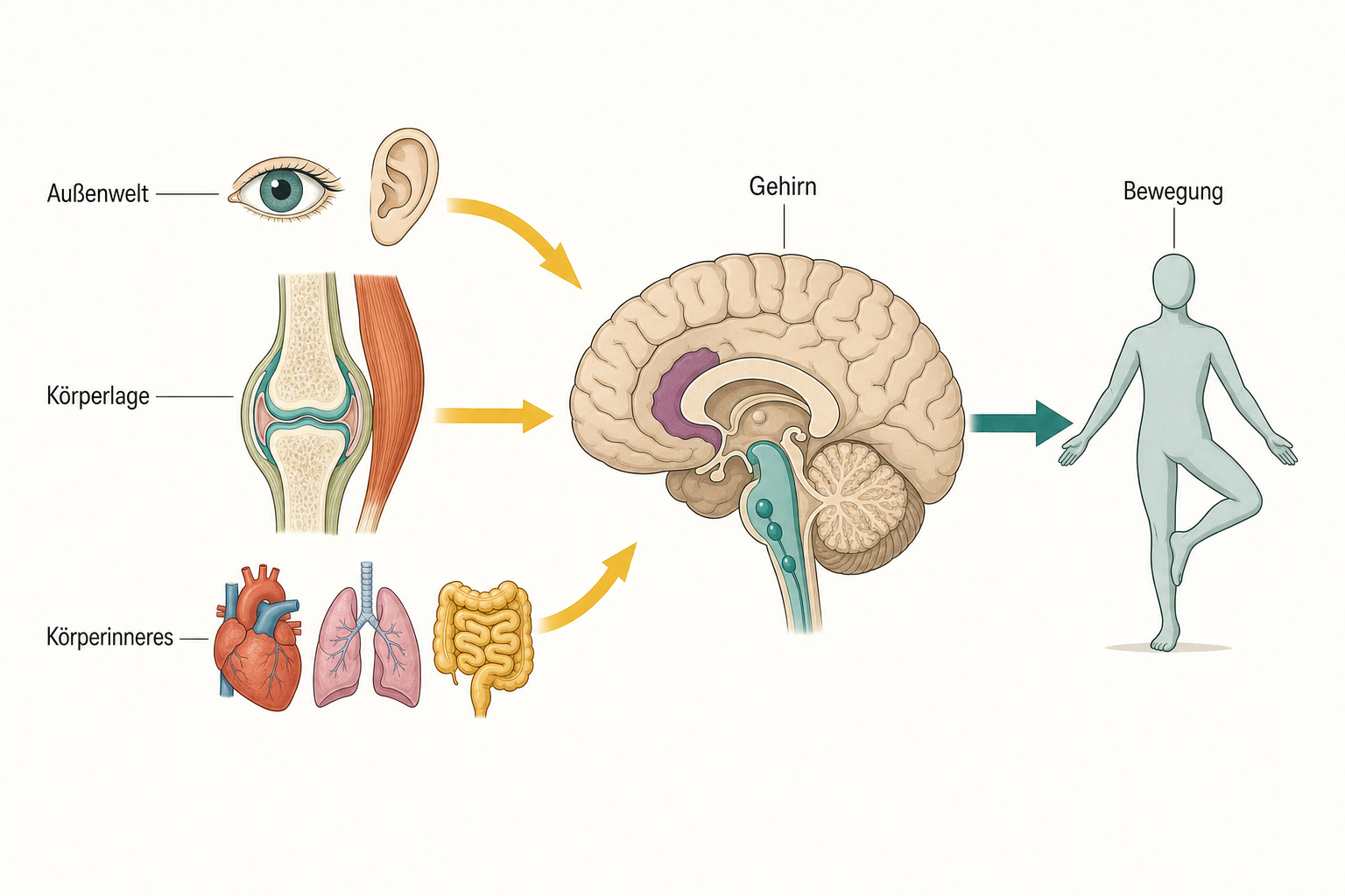 Schema mit drei Quellen von Sinnesinformation aus Außenwelt, Körperlage und Körperinnerem, die gelb ins Gehirn laufen, von dort führt ein Pfeil zu einer Grafikfigur im Einbeinstand