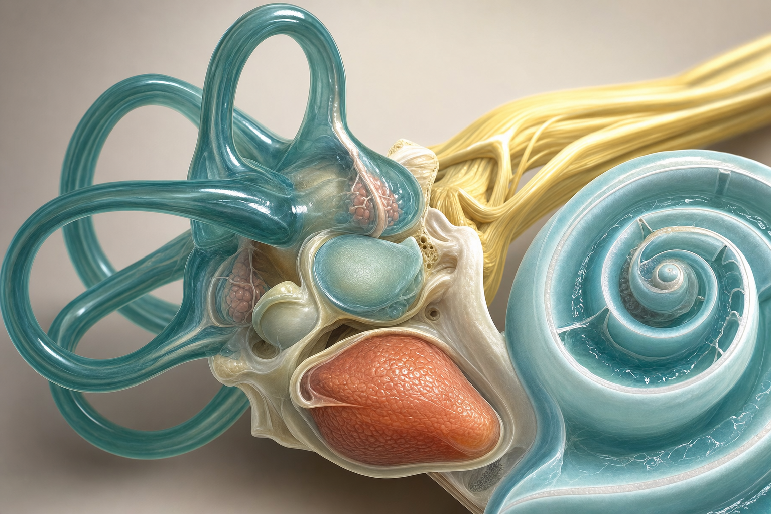 Wissenschaftliches Modell des Gleichgewichtsorgans im Innenohr mit drei Bogengängen in Petrol, angeschnittener Hörschnecke und dem terrakottafarben hervorgehobenen Sacculus