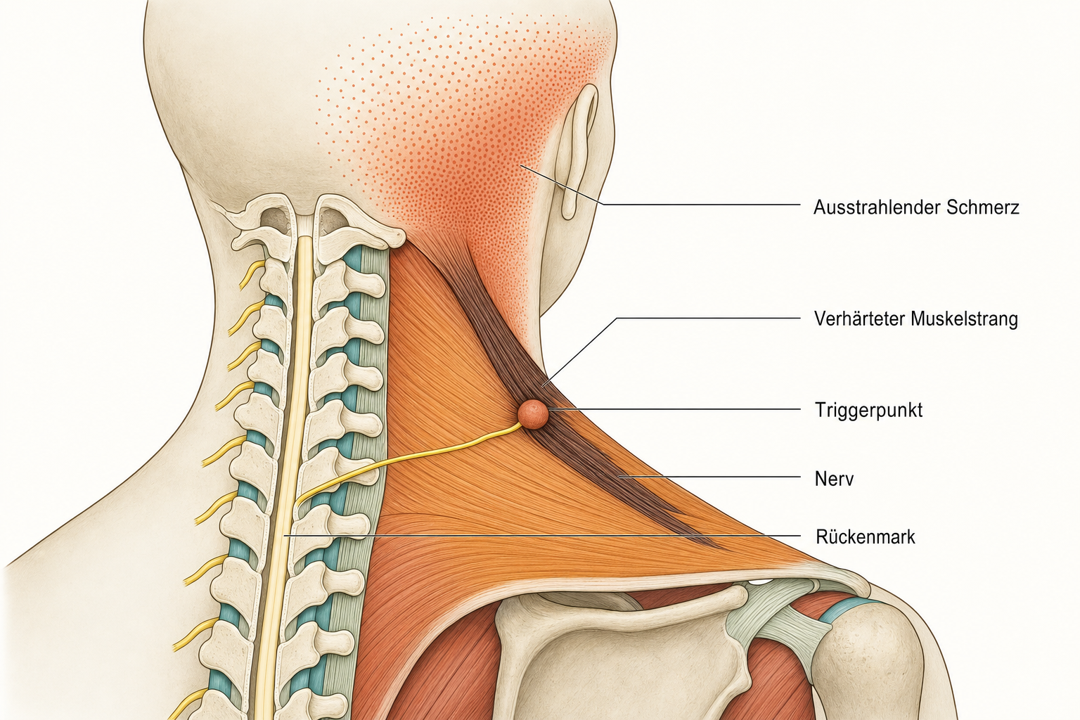 Lehrbuchschema der Nacken- und Schulterregion von hinten: im verhärteten Strang des oberen Trapezmuskels sitzt ein terrakottafarbener Triggerpunkt, eine schraffierte Zone zeigt den ausstrahlenden Schmerz zum Hinterkopf, ein gelber Nerv führt zum Rückenmark