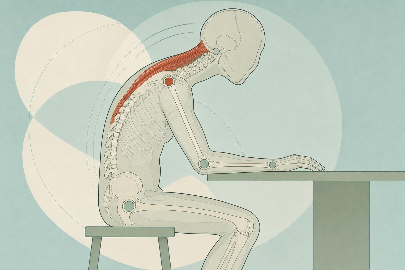 Wissenschaftliche Grafikfigur sitzt von der Seite gesehen an einer Tischplatte mit vorgeschobenem Kopf und rundem oberen Rücken, das Skelett scheint durch, Nacken- und obere Rückenmuskulatur terrakottafarben markiert
