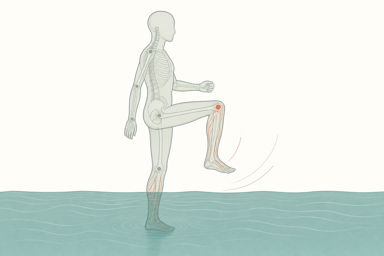 Wissenschaftliche Grafikfigur beim Wassertreten im Storchengang mit markierten Unterschenkel-Gefäßen