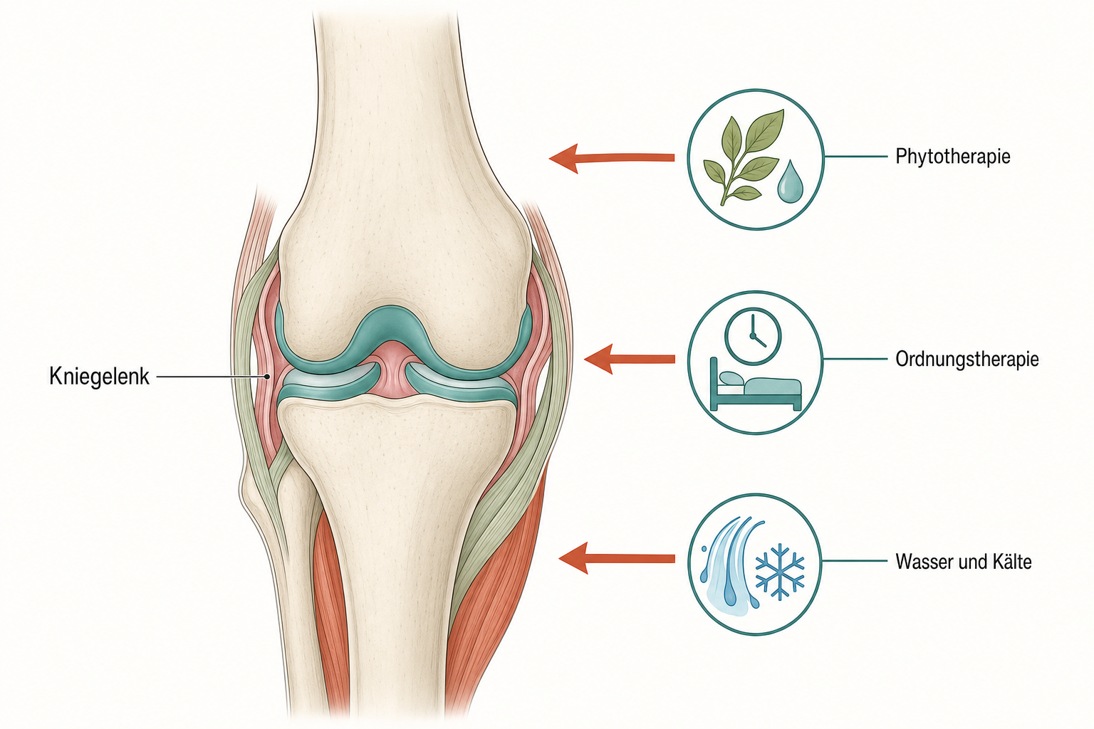 Kniegelenk mit Knorpel in Petrol und Knochen in Elfenbein, umgeben von Piktogrammen für Phytotherapie, Ordnungstherapie sowie Wasser und Kälte, verbunden zum Gelenk durch Terrakotta-Pfeile.