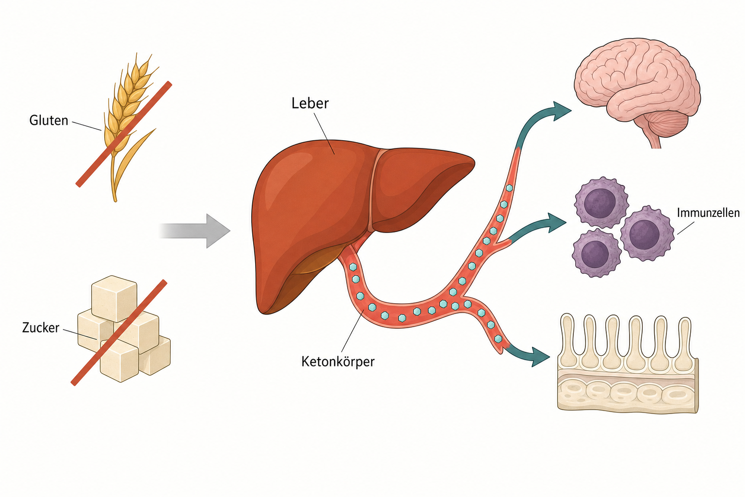 Schema: durchgestrichene Getreideähre und Zuckerwürfel, daneben eine Leber, aus der kleine Ketonkörper über ein Gefäß zu Gehirn, Immunzellen und Darm strömen