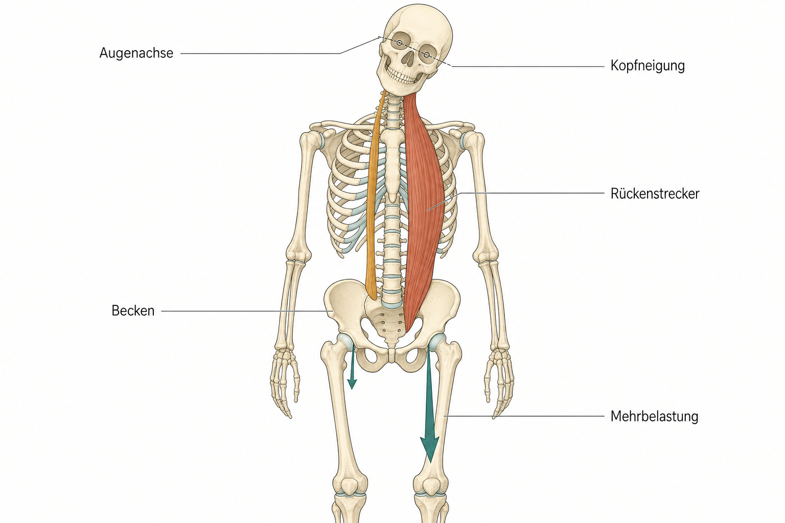 Frontales Skelettschema mit zur Seite geneigtem Kopf und schräger Augenachse, der Rückenstrecker auf der geneigten Seite ist verdickt und terrakottafarben, ein breiter Lastpfeil führt in das gleichseitige Bein