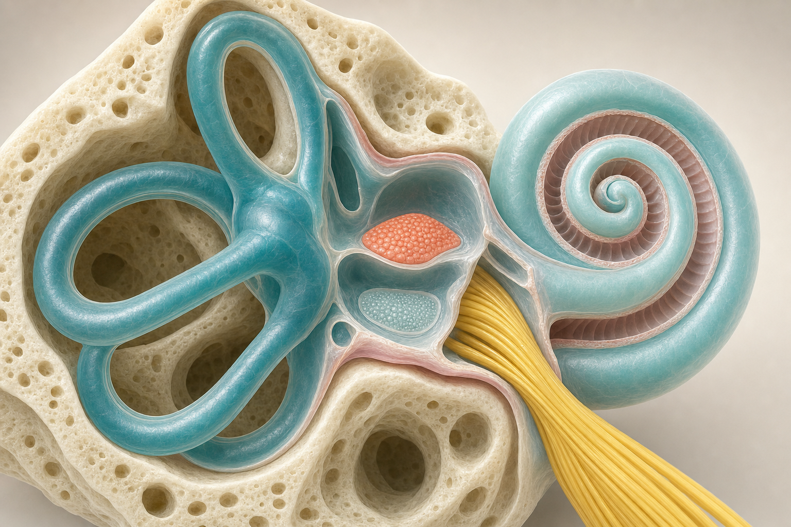 3D-Nahaufnahme des Gleichgewichtsorgans im Innenohr mit drei petrolfarbenen Bogengängen, der Schnecke und einem terrakottafarben markierten Otolithenorgan, aus dem Vorhof zieht der gelbe Gleichgewichtsnerv