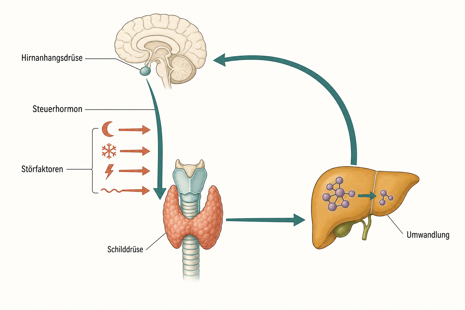Schema des Schilddrüsen-Regelkreises von der Hirnanhangsdrüse über Schilddrüse und Leber zurück, auf das Steuerhormon drücken terrakottafarbene Störfaktoren wie Nacht, Kälte und Stress