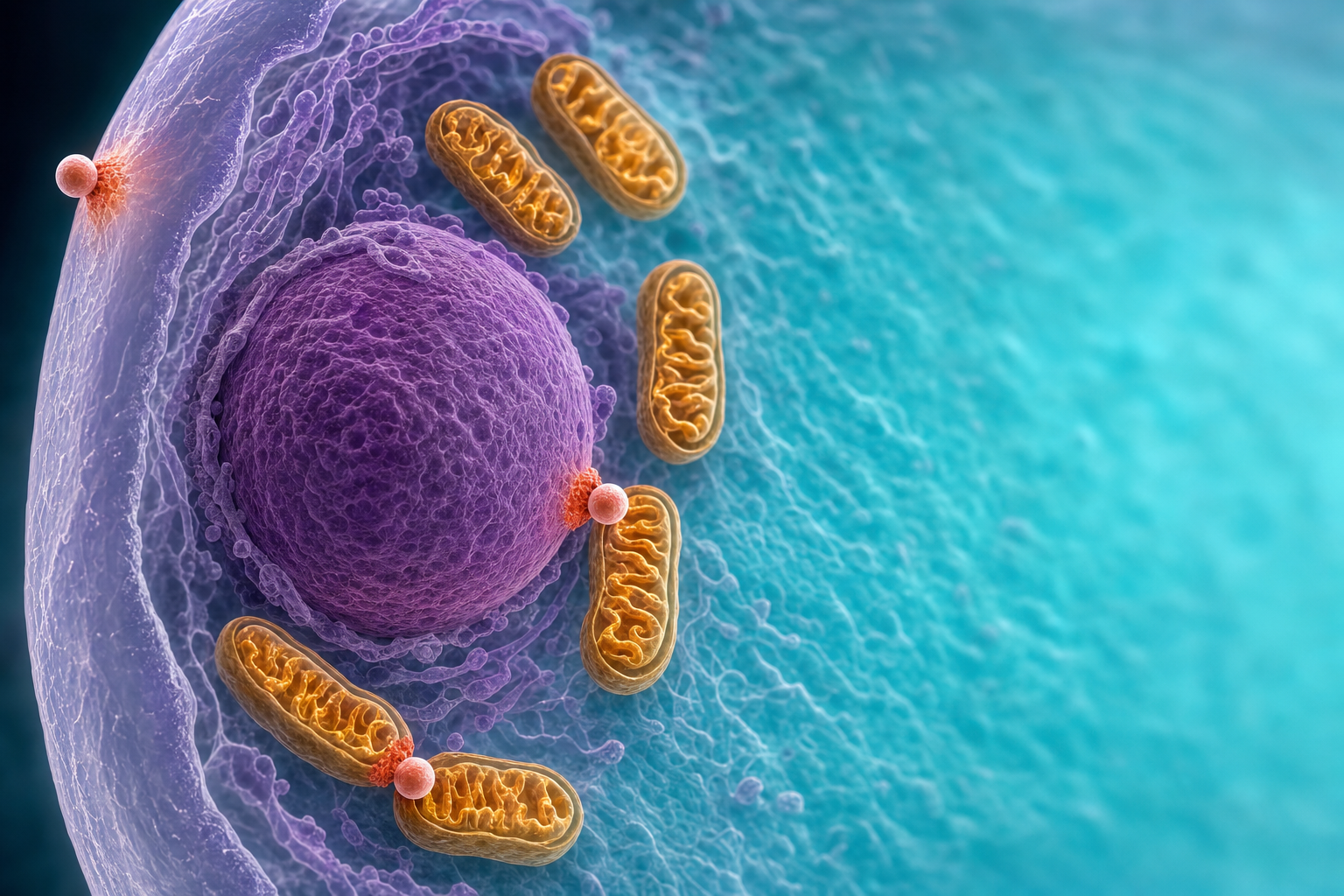 Mikroskopische Ansicht einer aufgeschnittenen Zelle mit Zellkern, Mitochondrien und drei terrakottafarben markierten Andockstellen für Schilddrüsenhormone an Membran, Zellkern und Mitochondrium