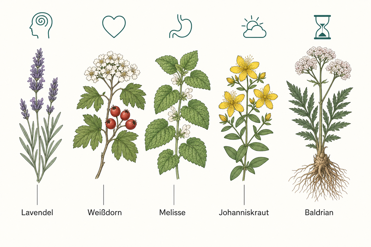 Botanische Tafel mit Lavendel, Weißdorn, Melisse, Johanniskraut und Baldrian nebeneinander, über jeder Pflanze ein Piktogramm für Unruhe, Kummer, Magen, Stimmung und Erschöpfung