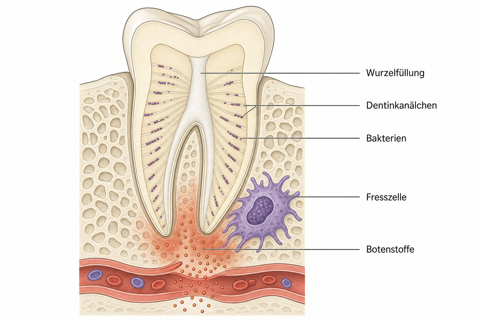 Längsschnitt durch einen wurzelgefüllten Zahn im Kieferknochen: die helle Wurzelfüllung im Hauptkanal, seitlich feine Dentinkanälchen mit pflaumenfarbenen Bakterien, außen eine große Fresszelle, die nicht in die Kanälchen passt, und kleine Botenstoffpunkte, die in ein Blutgefäß wandern
