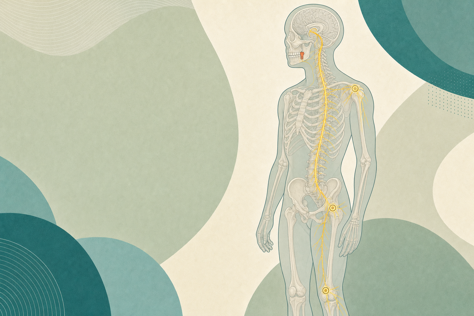 Wissenschaftliche Grafikfigur von der Seite mit durchscheinendem Skelett, ein Backenzahn im Unterkiefer terrakottafarben markiert, von dort zieht eine gelbe Nervenlinie zum Hirnstamm und die Wirbelsäule hinab zu den markierten Gelenken