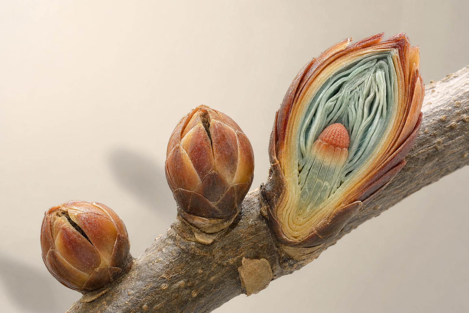 Wissenschaftliches 3D-Modell einer Zweigspitze der Schwarzen Johannisbeere mit drei Knospen, die vorderste längs aufgeschnitten mit Knospenschuppen, gefalteten Blattanlagen und terrakottafarbener Wachstumszone
