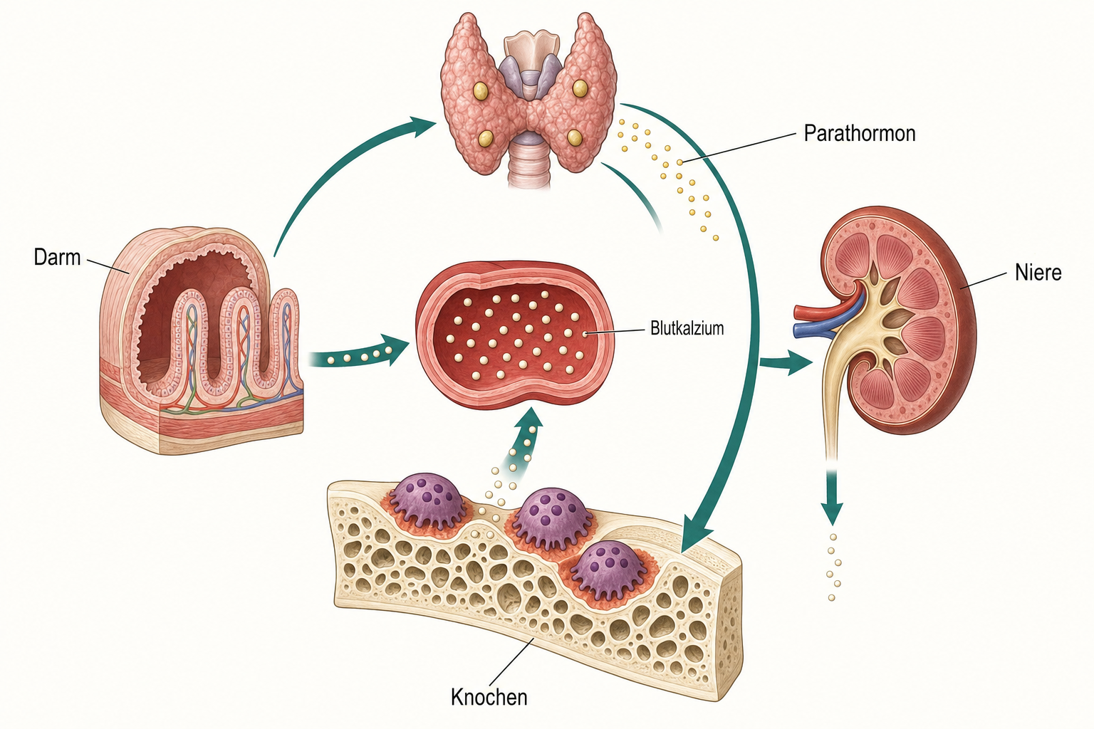 Regelkreis des Kalziumhaushalts mit Blutgefäß in der Mitte, Nebenschilddrüse mit Parathormon oben, Darm links, Niere rechts und Knochen unten, dessen abgebaute Bälkchenränder terrakottafarben markiert sind