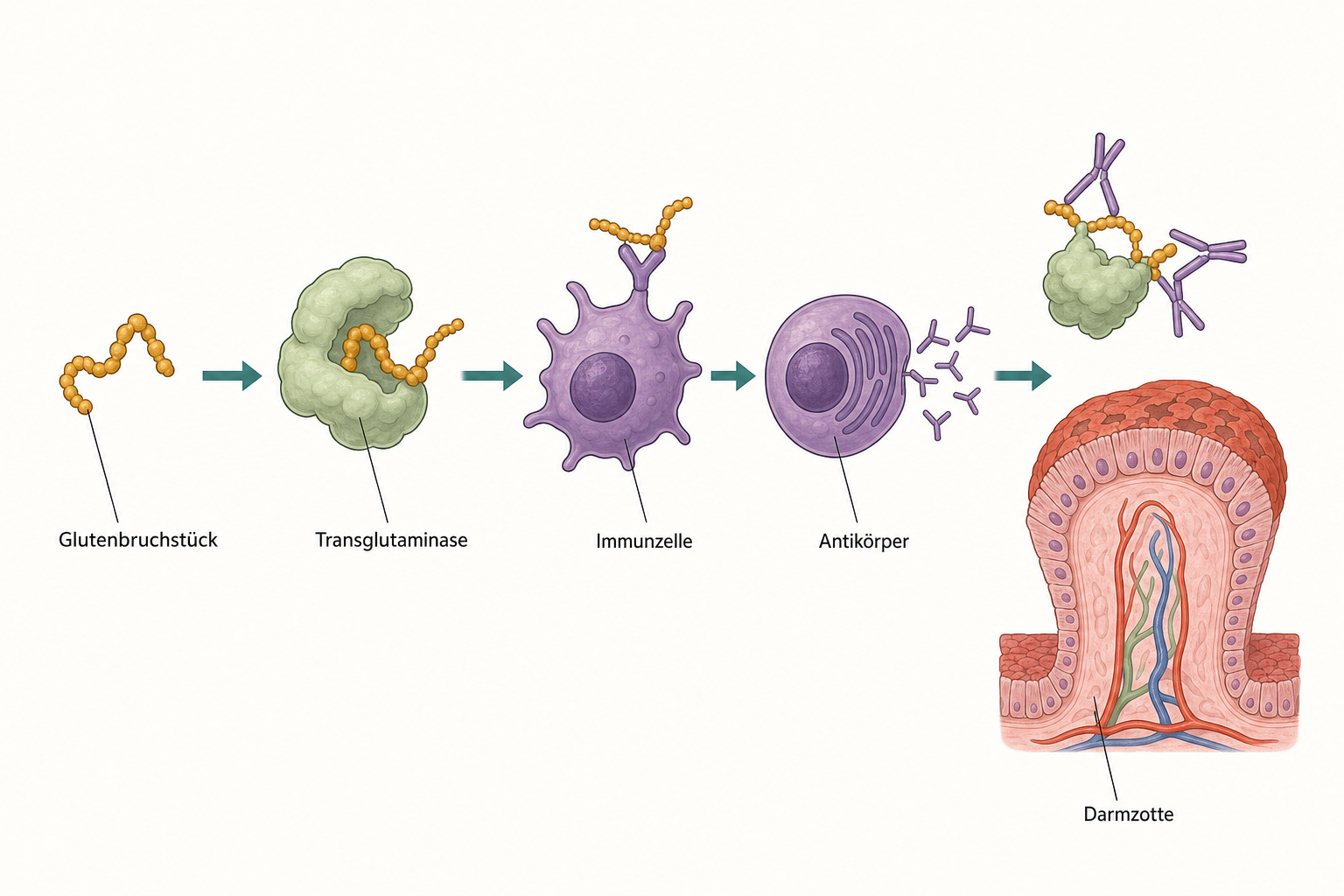 Schema in vier Schritten: Glutenbruchstück, Enzym Transglutaminase, aktivierte Immunzelle mit Antikörpern und eine an der Oberfläche geschädigte Darmzotte