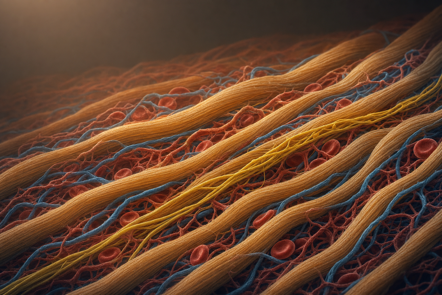 Mikroskopische Visualisierung von Muskelfasern mit einem Netz feiner Kapillaren, roten Blutkörperchen und einer gelben Nervenfaser