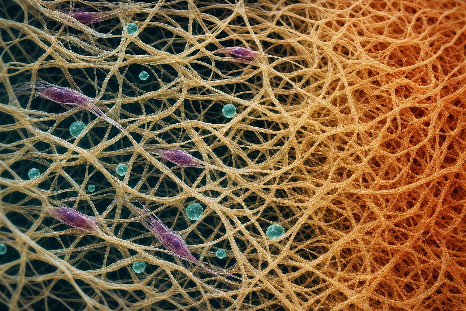 Mikroskopische Visualisierung eines Kollagenfasernetzes, links locker und geordnet mit violetten Bindegewebszellen, rechts zu einem terrakottafarbenen Knäuel verfilzt