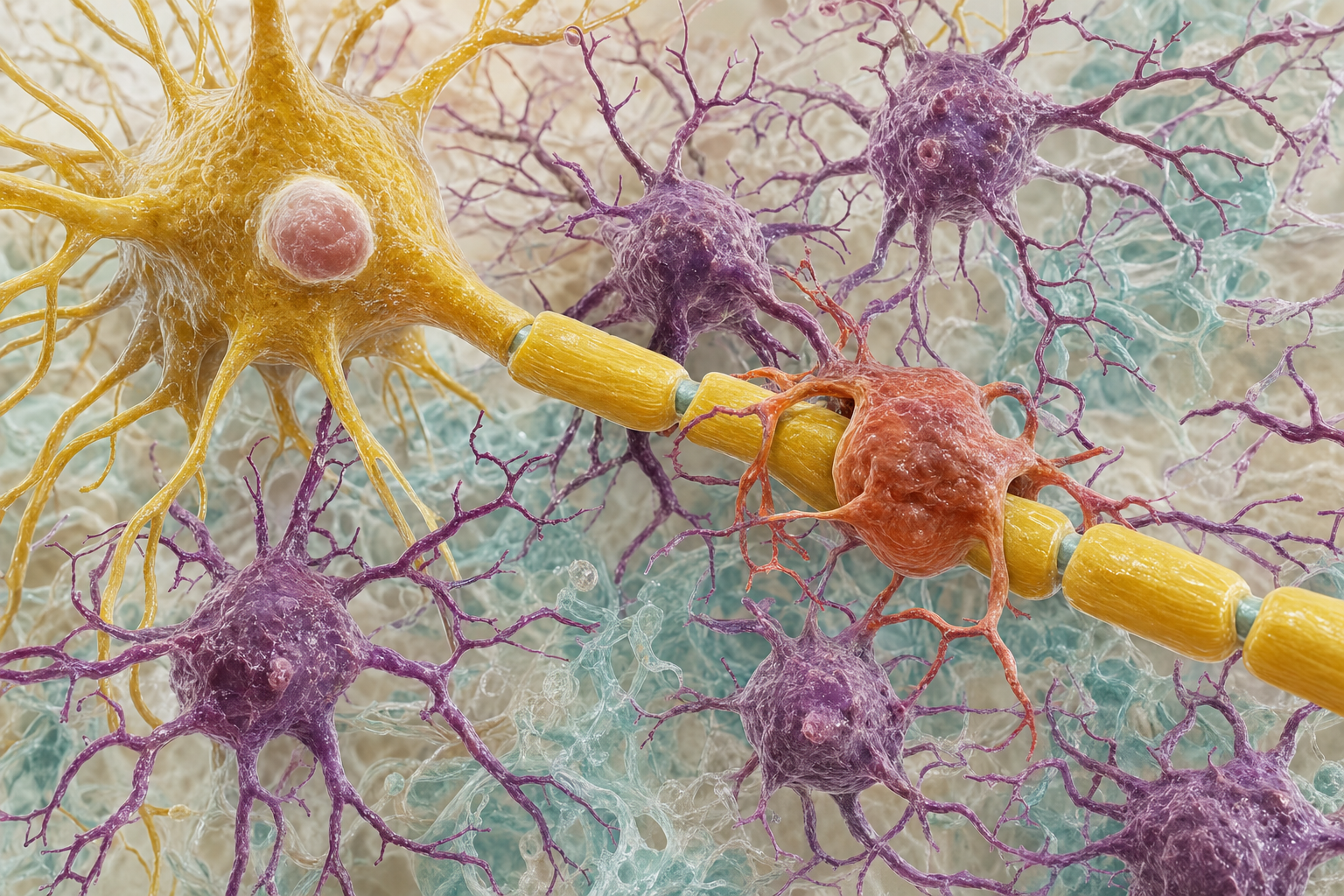Wissenschaftliches 3D-Modell einer Nervenzelle mit Myelinscheide, umgeben von verzweigten Mikrogliazellen, eine überaktive Mikroglia terrakottafarben an einer Kontaktstelle
