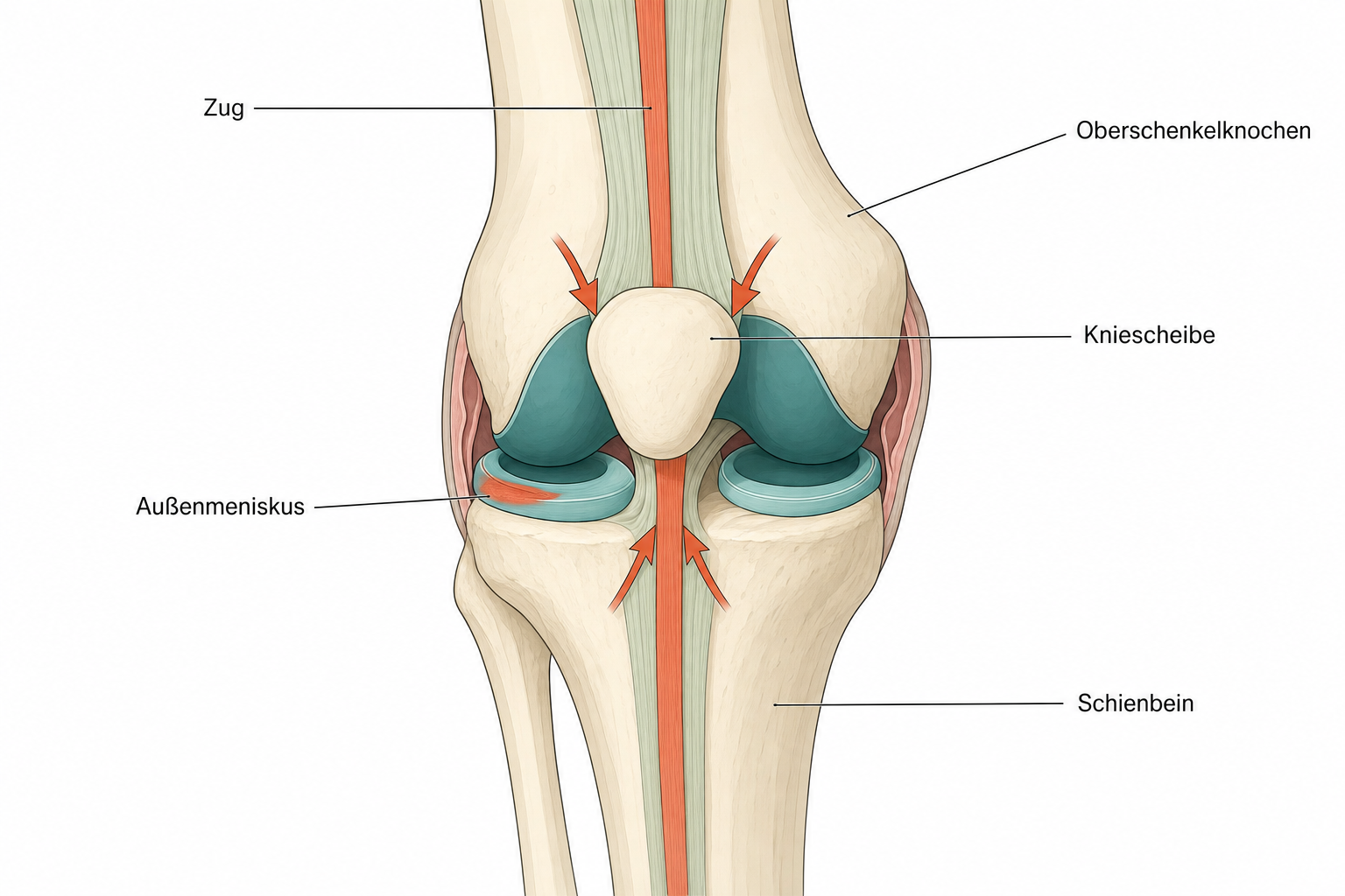 Kniegelenk von vorn mit zwei gespannten Bindegewebsbändern, die die Kniescheibe gegen den Oberschenkelknochen drücken, und einem abgeriebenen Außenmeniskus