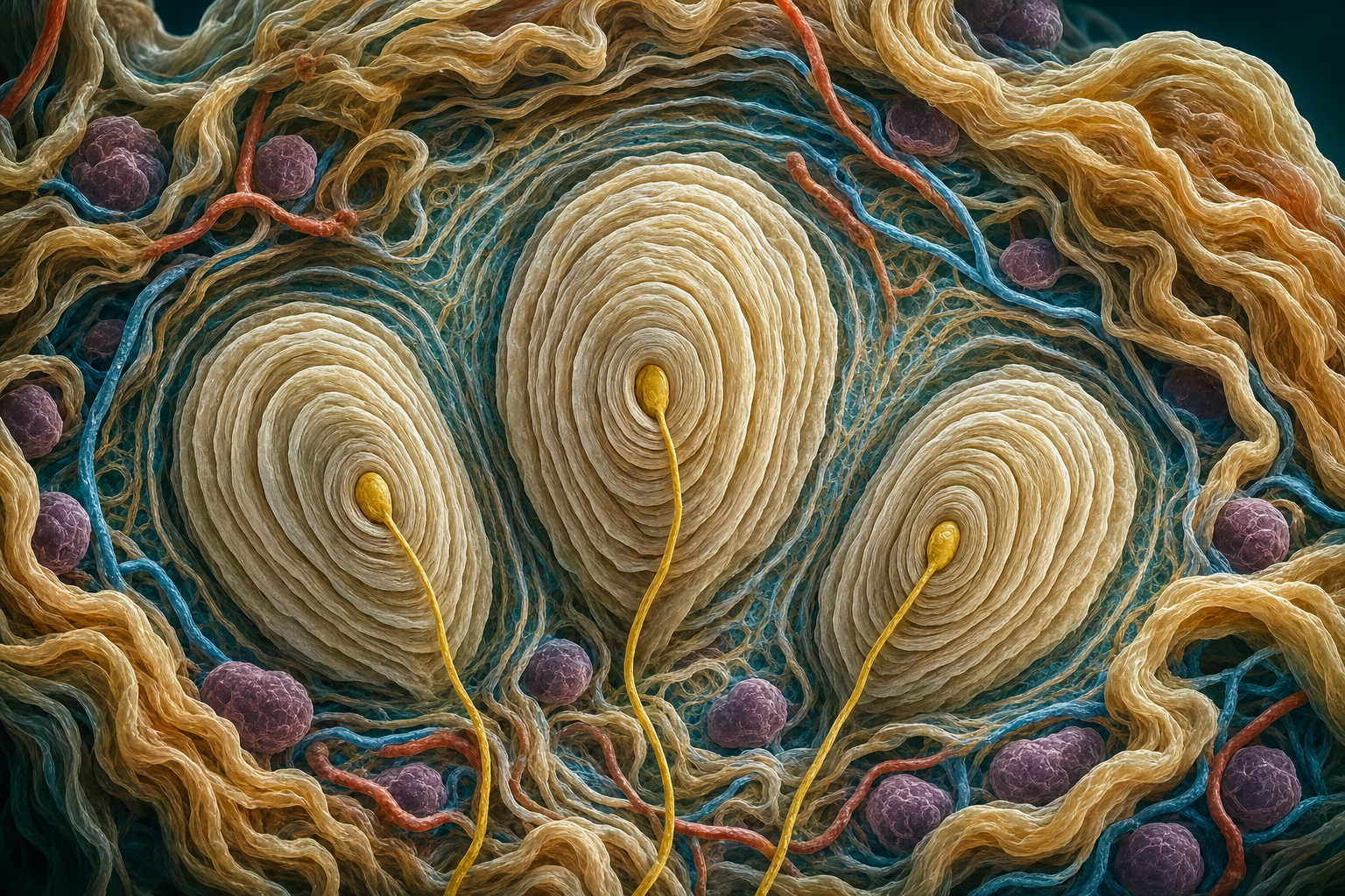Mikroskopische Visualisierung von Vater-Pacini-Körperchen mit zwiebelschalenartigen Kapseln und gelben Nervenfasern zwischen Kollagenfaserbündeln der Unterhaut