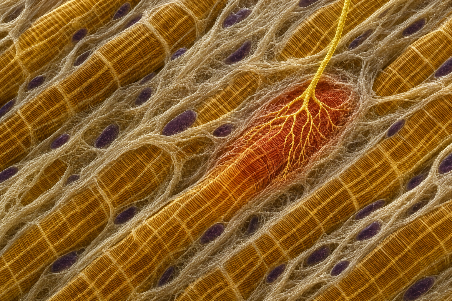 Mikroskopische Visualisierung gestauchter Muskelfasern in Bernstein, umschlossen von verdichtetem Bindegewebe, mit einem gelben Nervenausläufer und einer terrakottafarbenen Kontaktzone