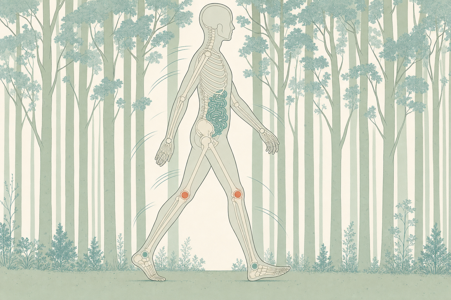 Wissenschaftliche Grafikfigur beim Gehen auf einem Waldweg, das Skelett scheint durch, im Bauchraum ist der Darm als feine Linienzeichnung angedeutet, die Kniegelenke sind terrakottafarben markiert