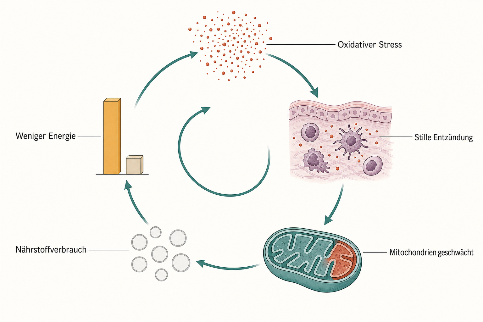 Kreisschema mit fünf Stationen einer Abwärtsspirale: oxidativer Stress, stille Entzündung, geschwächte Mitochondrien, Nährstoffverbrauch und weniger Energie