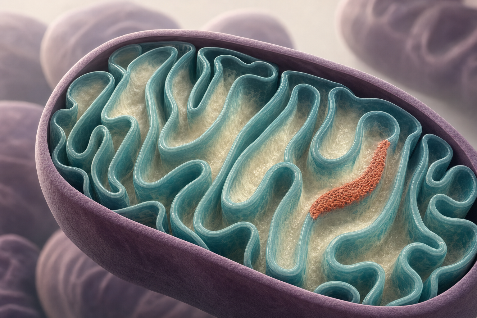 3D-Nahaufnahme eines aufgeschnittenen Mitochondriums mit gefalteter Innenmembran in Petrol und einer terrakottafarbenen geschädigten Zone vor weiteren Mitochondrien im Hintergrund