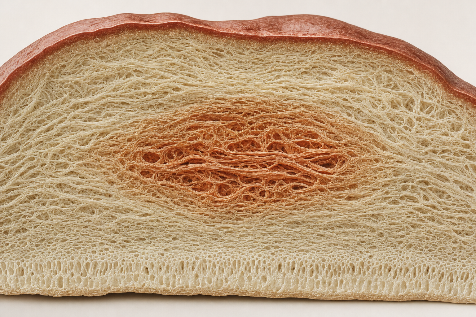 3D-Modell eines längs aufgeschnittenen Reishi-Fruchtkörpers mit dicht verflochtenem Innengewebe und terrakottafarben hervorgehobenen Zellwänden in der Schnittfläche