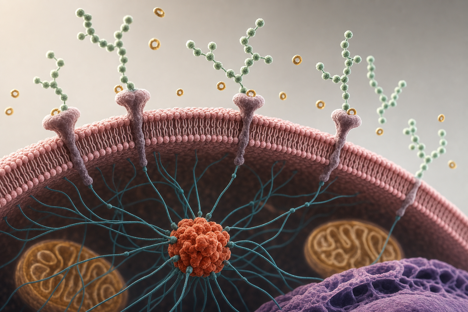 3D-Nahaufnahme einer Zellmembran im Schnitt, außen docken verzweigte Zuckerketten und kleine Ringmoleküle an Rezeptoren an, innen führen feine Signalfäden zu einem terrakottafarben hervorgehobenen Proteinkomplex vor unscharfen Mitochondrien