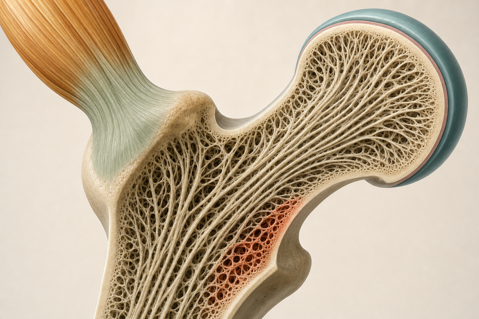 Wissenschaftliches 3D-Modell des oberen Oberschenkelknochens im Längsschnitt mit dicht geordneten Knochenbälkchen entlang der Zuglinien, einer ansetzenden Sehne mit Muskelstrang am Rollhügel und einer ausgedünnten terrakottafarbenen Zone im Schenkelhals