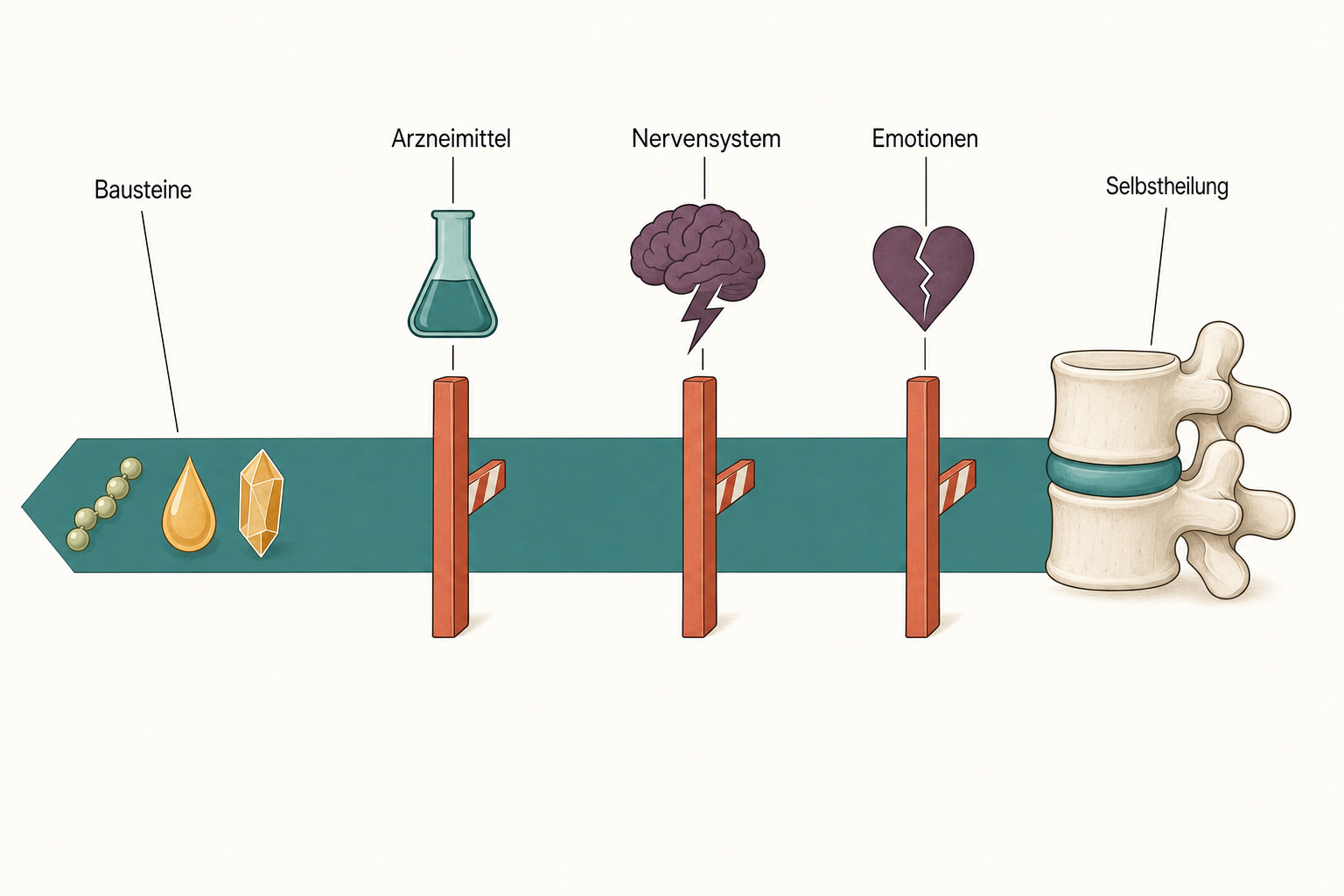 Schema eines Wegs von Nährstoff-Bausteinen zu einem gesunden Lendenwirbelsegment, unterbrochen von drei terrakottafarbenen Schranken für Arzneimittel, Nervensystem und Emotionen