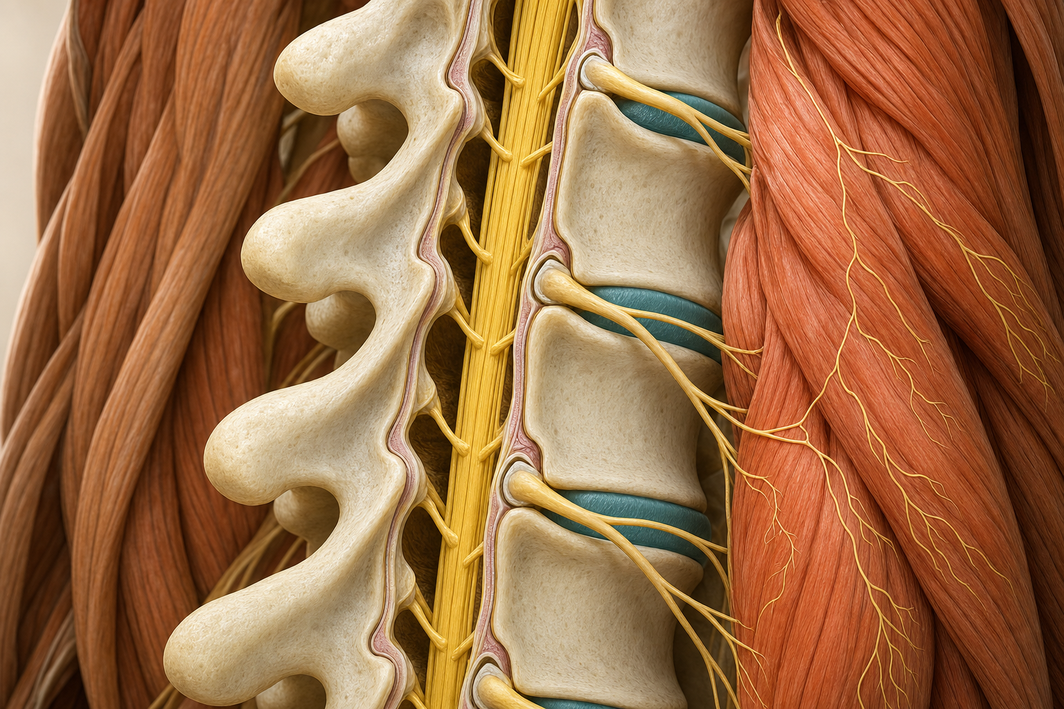 3D-Innenansicht der Lendenwirbelsäule von schräg hinten mit gelbem Rückenmark, austretenden Spinalnerven und bernsteinfarbener Rückenmuskulatur, ein verspannter Muskelstrang terrakottafarben hervorgehoben
