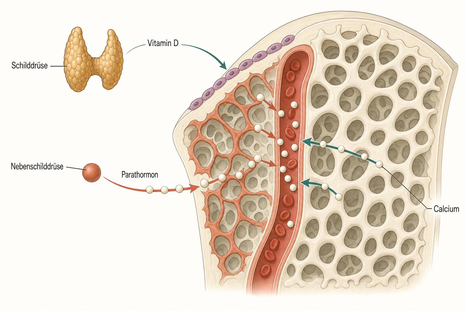 Schema mit Schilddrüse und Nebenschilddrüse links und einem Knochenschnitt rechts, in dem Parathormon Calcium aus den Bälkchen ins Blutgefäß holt und Vitamin D es in den Knochen zurückführt